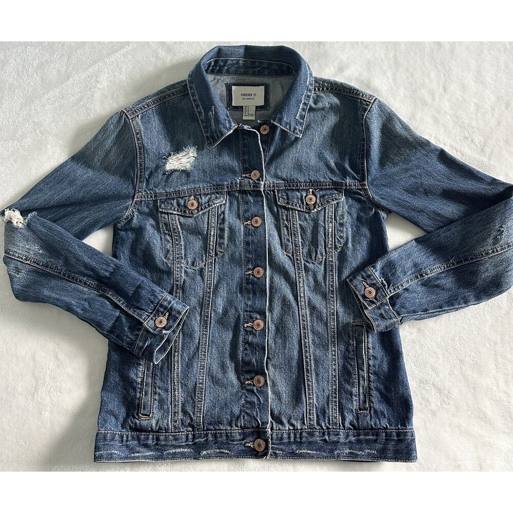Forever 21 Womens Small Blue Denim Jacket Distressed Ripped Trucker Jean S
